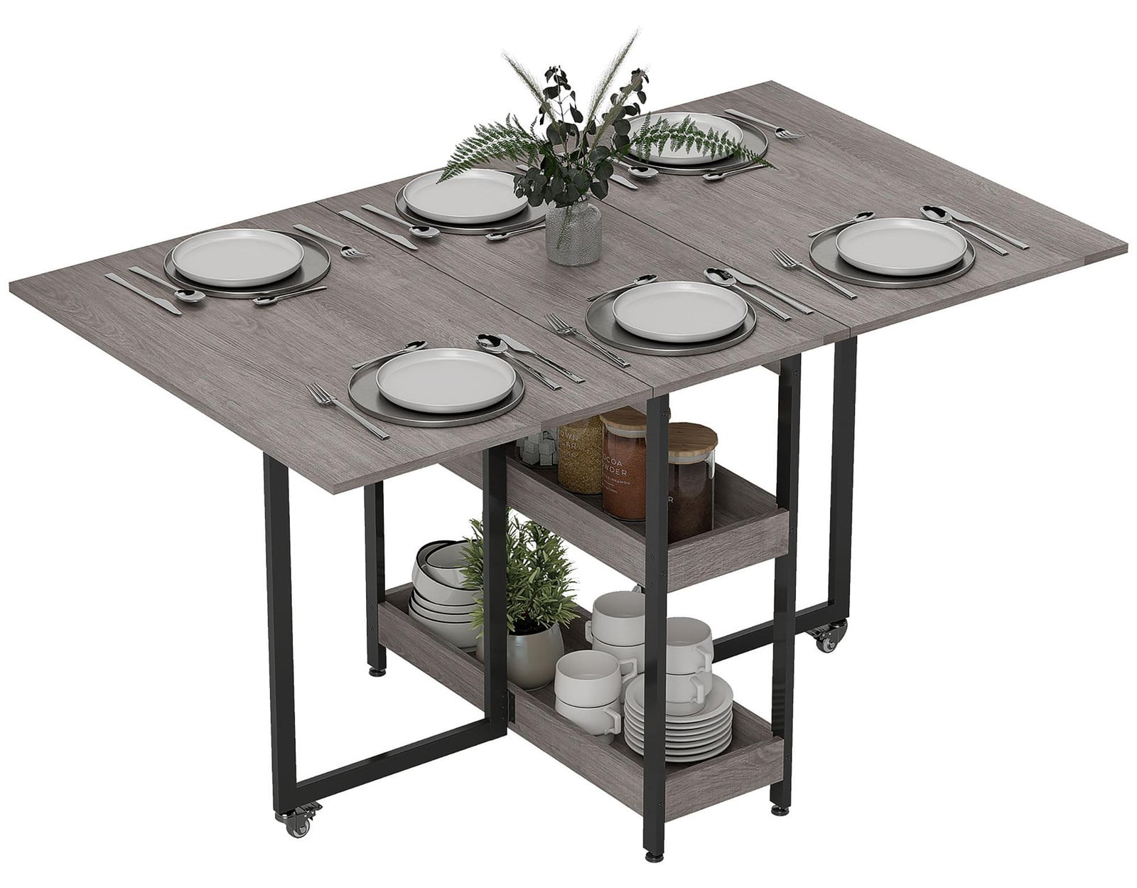 HOMCOM Inklapbare eettafel voor 4 personen met wielen en 2 open vakken, uitbreidbaar