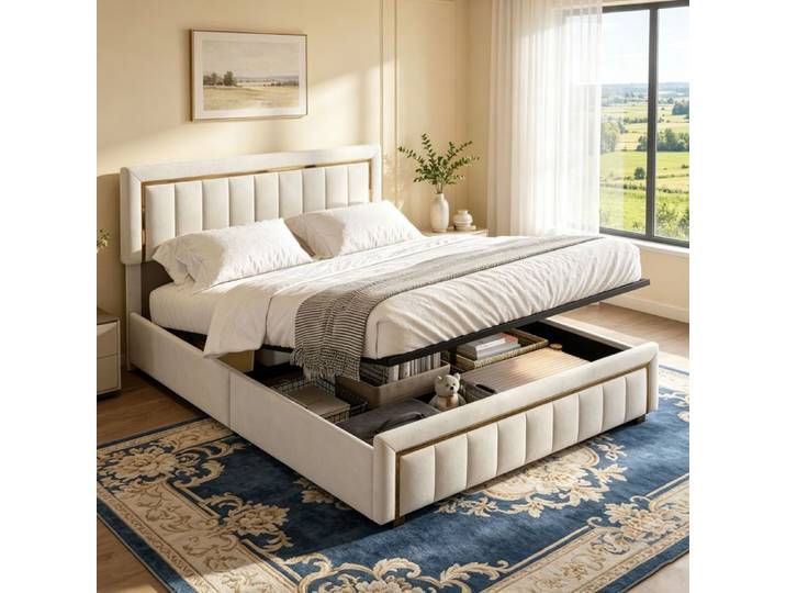 Lit 140x190cm avec Tête de Lit Rembourré - Cadre de lit Coffre Double 140x190cm avec Sommier en Bois - Tissu velours - Blanc