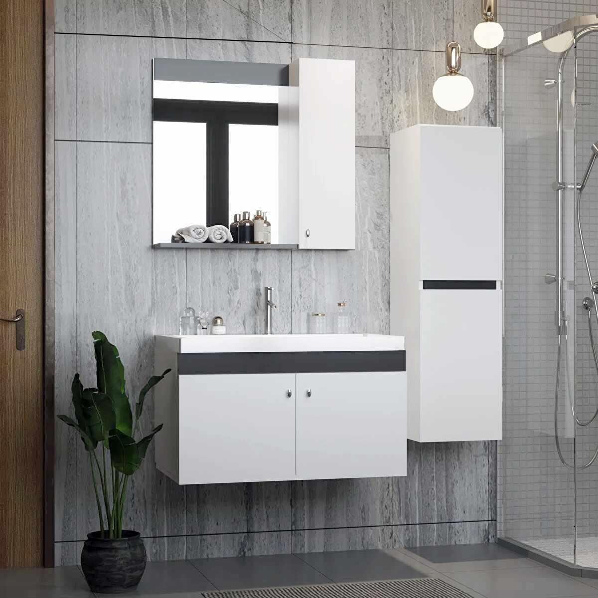 Skye Decor, Hochwertiger Badschrank mit Waschbecken & Spiegelset (3 Teile) - Weiß