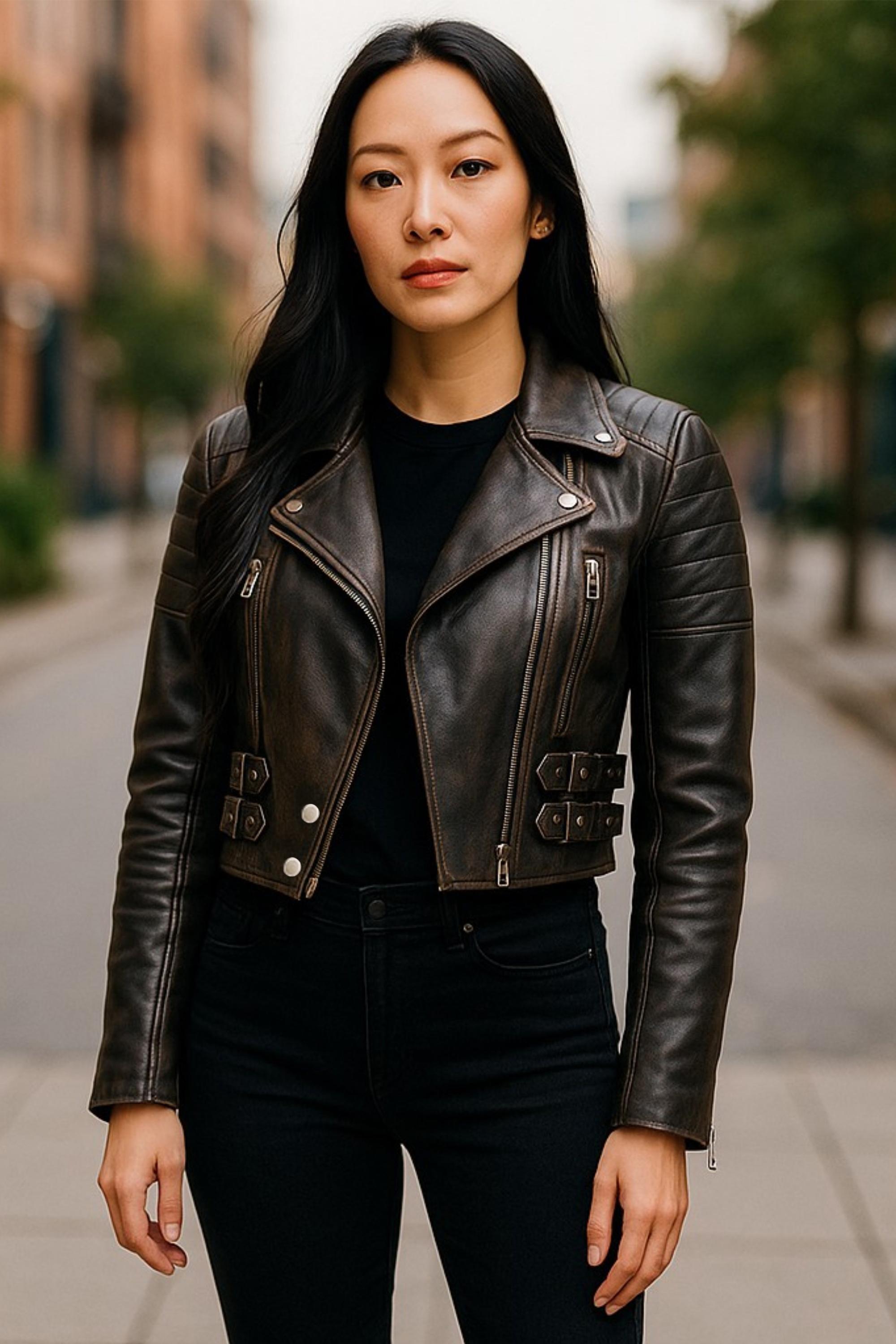 Infinity Leather Vintage Cropped Brando Leder-Bikerjacke, tailliert - Schwarz/Braun