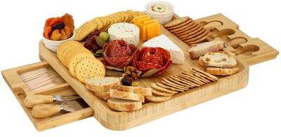 MegaChef Bamboo Charcuterie Cheese Board Set with Ramekins and Slide Out Cutlery Drawer