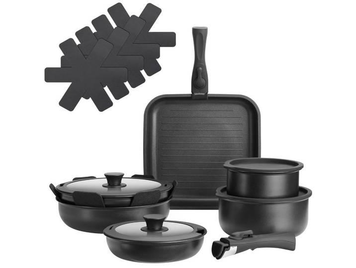 tectake Kochtopfset Parma, Ofenfest bis 175°C, mit 5 Topfschonern, schwarz, Schwarz, Metall, Rund, Kochgeschirr, Töpfe, Topfsets