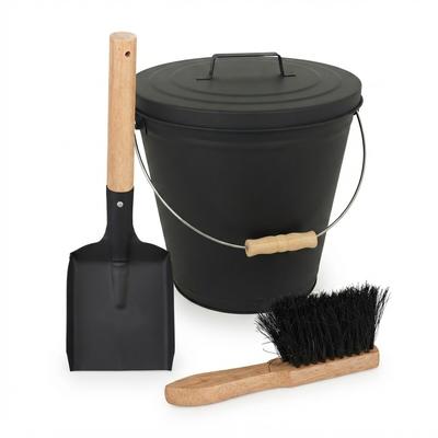 Relaxdays Ascheeimer mit Deckel, 20 Liter, inkl. Aschebesen & Kaminschaufel, Aschebehälter mit Henkel, schwarz/natur