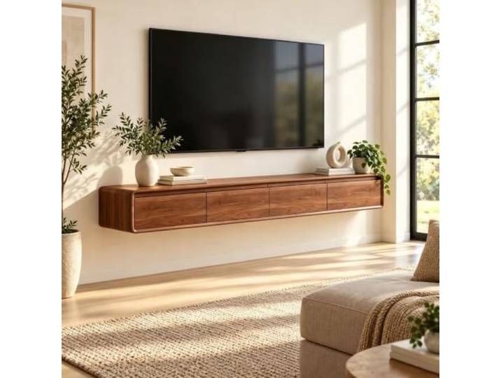 Bhpnak Hängender TV-Schrank aus Holz, Lowboard-TV-Schrank，Walnuss：200×24 Massivholz – lässt sich mit einem Wisch reinigen – mit LED-Beleuchtung