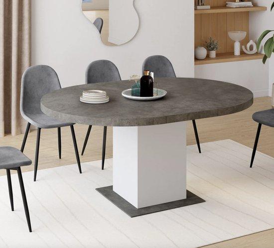 Runde, ausziehbare Essztisch für 4-8 Personen aus Beton und Weiß, 120-160 cm - Modernes Design - Holzoptik - Wohnzimmermöbel - Dauerhafte Konstruktion - Oberfläche - Zeitloses Interieur - Täglich geeignet