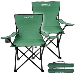 24MOVE® Campingstuhl Faltstuhl, 2er Set, grün, mit Getränkehalter und Tragetasche Outdoor, faltbar max. 100kg, Anglerstuhl, Polyester