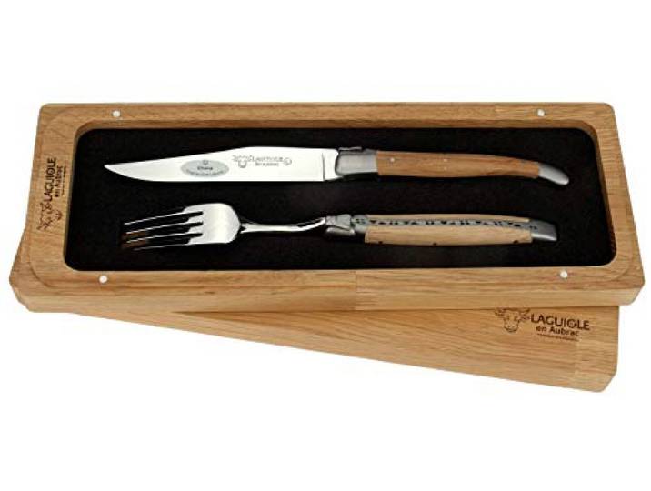 Laguiole en Aubrac - 1 Steakmesser und 1 Gabel als Besteck Set - Griff Eichen-Holz - Original Frankreich mit Zertifikat
