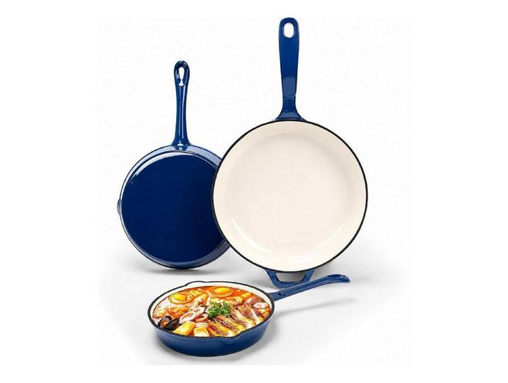 LuxusKollektion Bratpfanne Emaille Gusseisen Bratpfannen Set 3tlg Marineblau