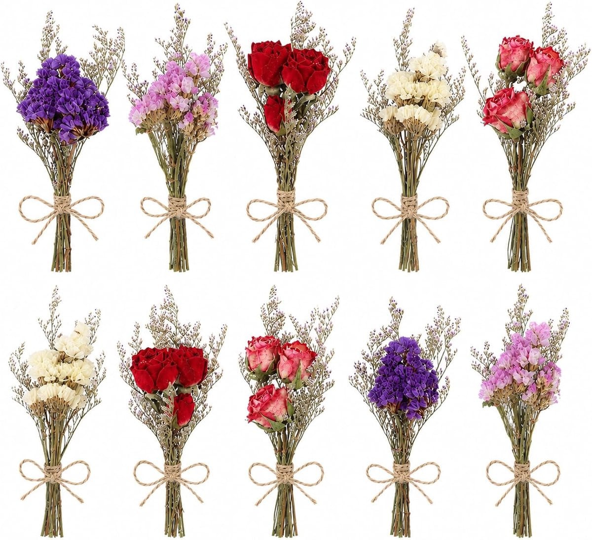 Set van 10 miniatuurboeketten met gedroogde bloemen voor decoratie van cadeaus en fotoalbums