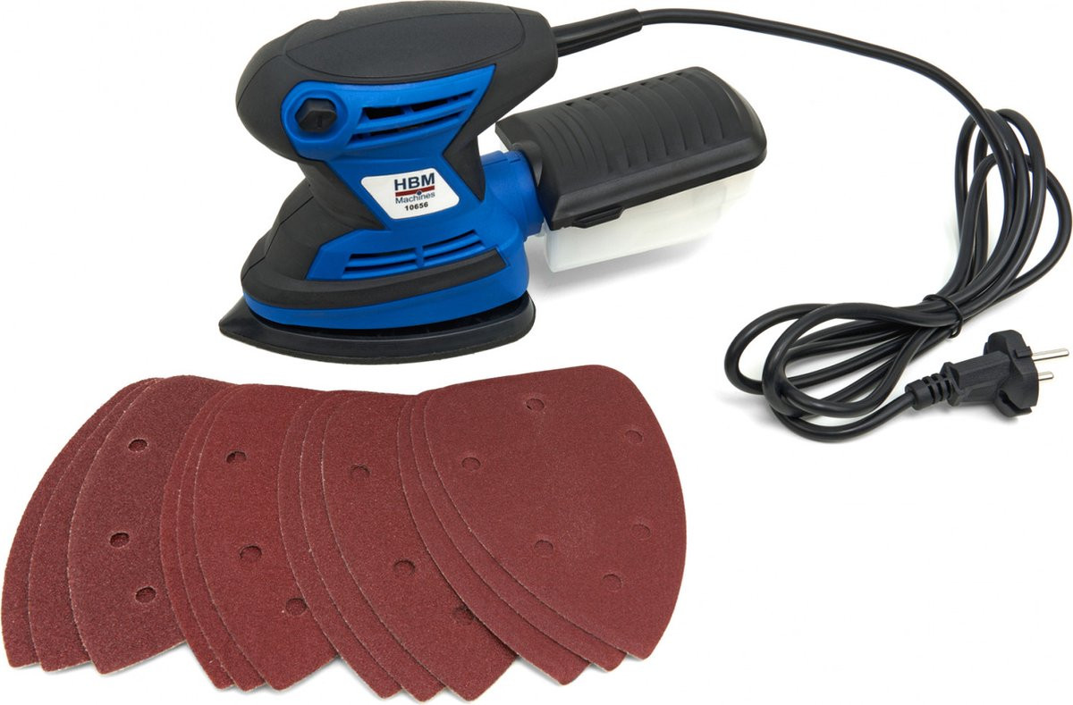 Multifunctionele handpalmschuurmachine 200 Watt inclusief 12 schuurvellen blauw