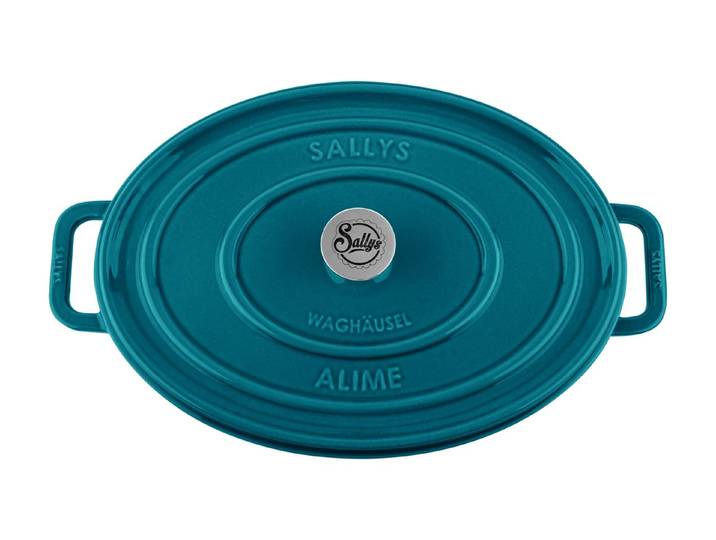 Sallys Bräter Vielseitiger Gusseisentopf ALIME, oval für Brot, Braten & Schmoren, Vollgusseisen mit hochwertiger Emaille-Beschichtung (Schmortopf mit Deckel, inklusive Noppen-Deckel, langlebig & ofenfest bis 250 °C), Gusseisenbräter, 36,5 × 26 cm / Vollgusseisen Emaille-Beschichtung