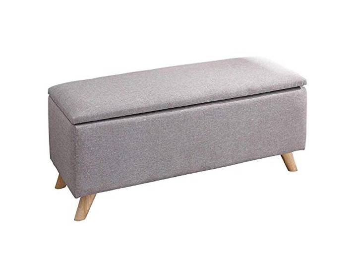 BAKAJI Ottomane mit Sitzsack-Aufbewahrungsbox, Fußstütze für Schlafzimmer, Sitzbank aus Holz, Bezug aus Stoff, gepolsterter Sitzfläche, hellgrau, Einheitsgröße