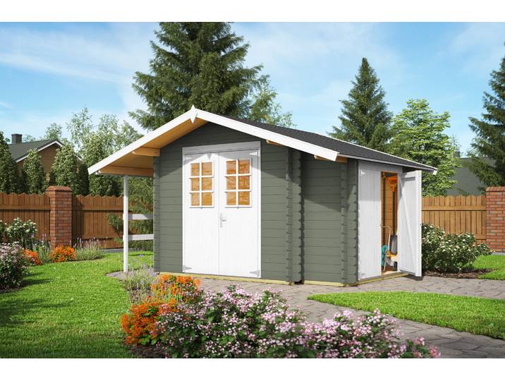 Gartenhaus NORDIC HOLZ Vilano 2 , grün (grüngrau), Fußboden im Gartenhaus, ohne Dacheindeckung, Massivholz, Gartenhäuser, Gartenhaus, mit 3 getrennten Bereiche