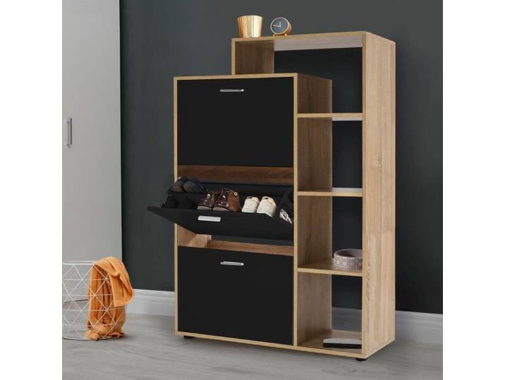 IDMARKET Meuble à chaussures 18 paires KLARK imitation hêtre 3 portes noires avec étagère