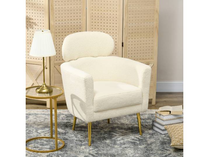 HOMCOM Fauteuil Crapaud Peluche Teddy Pieds Métal Crème