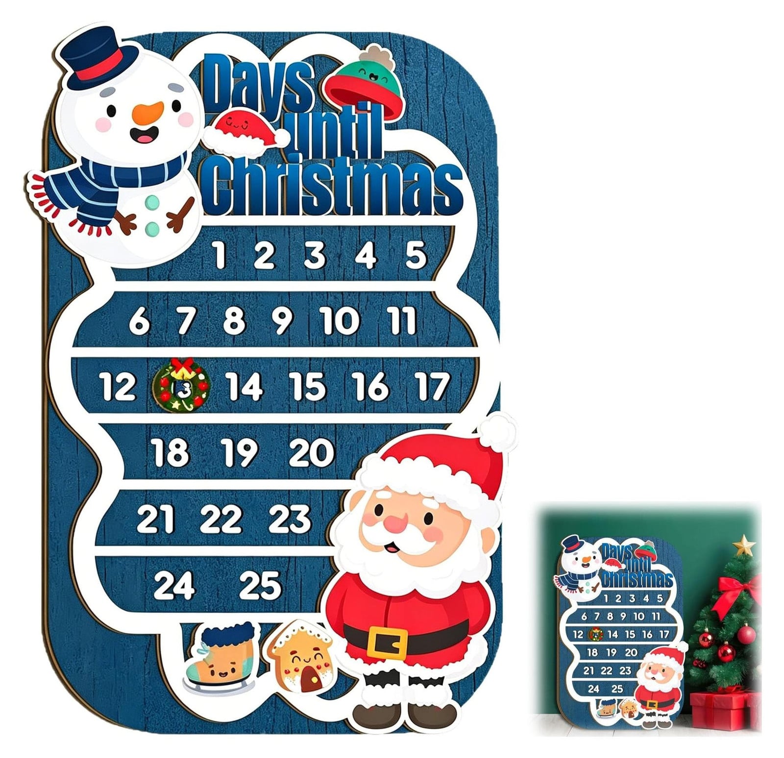 Houten Adventskalender met Sneeuwpop en Kerstman