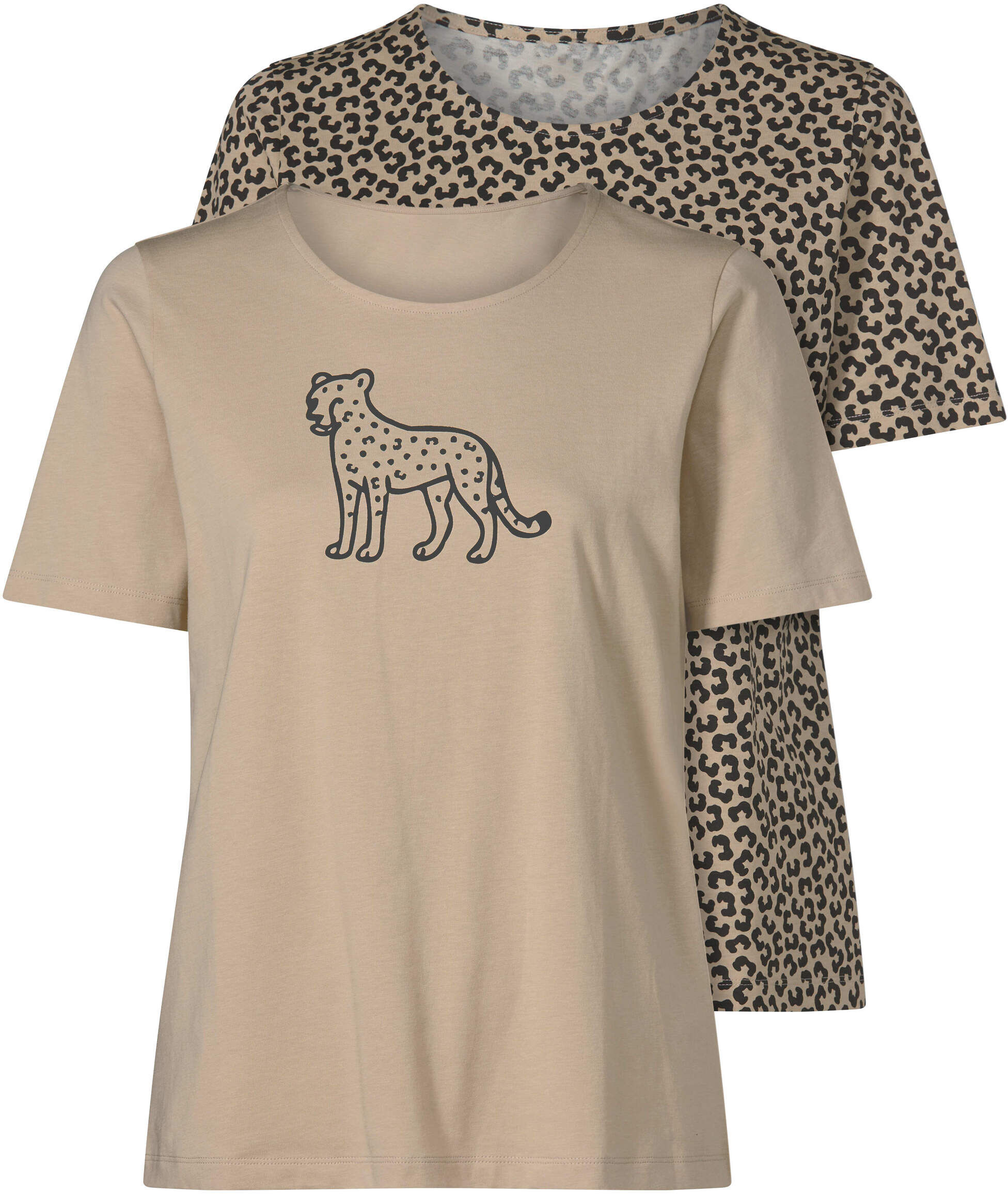 Sieh An! T-Shirt SIEH AN "Doppelpack Shirts Doppelpack Shirts", Damen, Gr. 42, beige, beige, schwarz, bedruckt, Basic, Rundhals, Shirts T-Shirt
