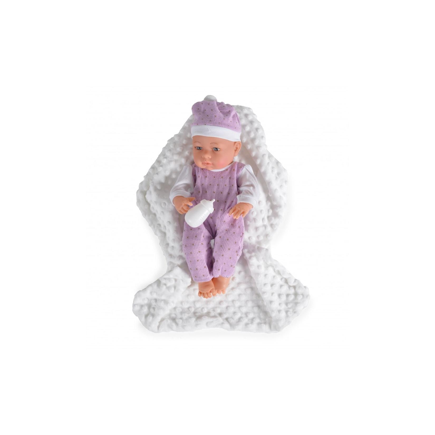 Moni Kinderpuppe 41 cm 9303, Kuscheldecke, Trinkflasche, Babypuppe, Set 3-teilig lila