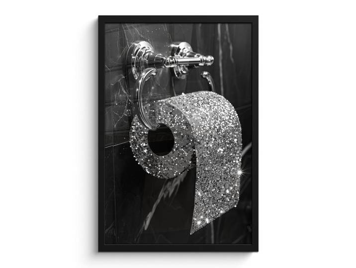 MuchoWow Poster MIT Rahmen WC - Toilettenpapier - Schwarz und weiß - Glitter Bilder mit Rahmen 40x60 cm, Silberfarben, Papier, Rechteckig, 40x60 cm, gerahmt, Bilder & Rahmen, Bilder