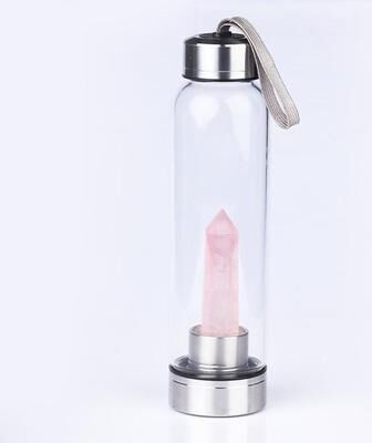 KitchenCuration Healing Natural Quartz Water Bottle Elegant Glass And Stainless Steel, Enhances Well Being, Hand Wash Only Rose Quartz