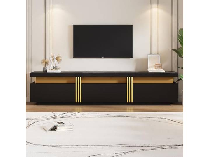 FammyLoft 200cm TV Schrank mit 3 Schubladen, Marmor Optik Fernsehschrank TV Lowboard, Moderner TV Kommode Sideboard für das Wohnzimmer Fernseher bis 90 Zoll, Schwarz