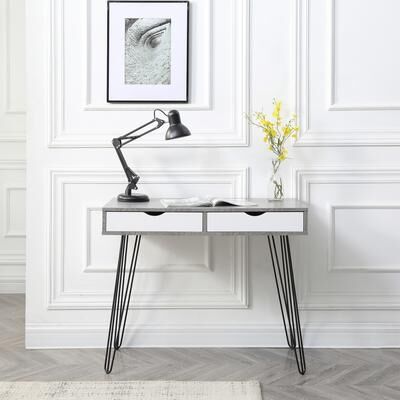 Koo Decor "36"" Modern Grey Wooden Metal Writing Desk with 2-Drawer"