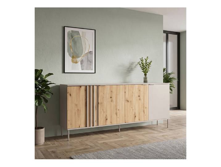 Lomadox Sideboard RENNES-166, Eiche mit Kaschmir, 4 Türen, viel Stauraum, fühlbare Lamellen