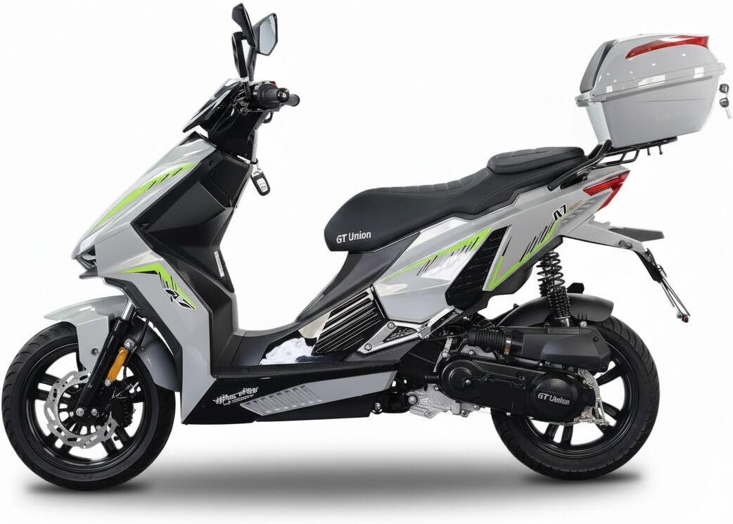Motorroller GT UNION "Matador A7, 50 ccm, 45 km/h", grau, grün, schwarz, Motorroller, mit Topcase, 45 km/h, B:74,4cm H:110cm L:190,7cm