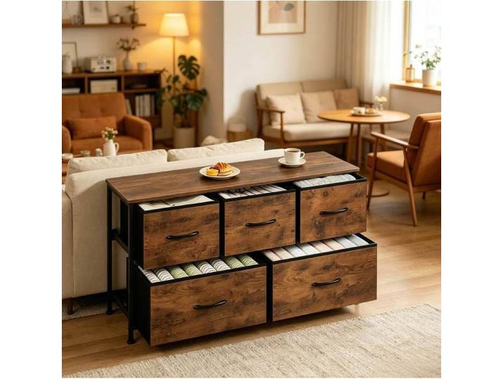 VUENOR Commode de rangement 100 cm vintage marron – 5 tiroirs structure métal