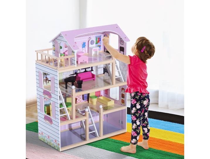 HOMCOM Maison de Poupée Bois 4 Étages 13 Accessoires Rose Blanc