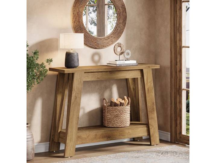 Finmind Table Console étroite à 2 Niveaux 105×30×79.5 cm Table de Canapé avec Rangement Pour Salon Couloir Foyer Marron