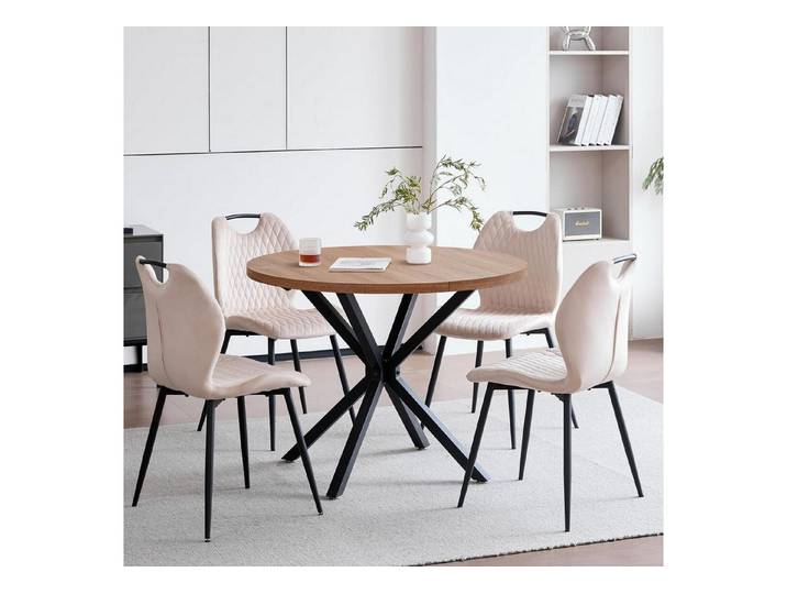 LuxusKollektion Essgruppe Esstisch Stuhlset 5teilig 100cm 4 Stühle Dunkle Holzmaserung Beige