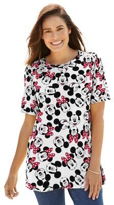 Plus Size Women's Disney Womens Short Sleeve Crew Tee Mickey Mouse All Over Print by Disney in White Heads Print (Size S)