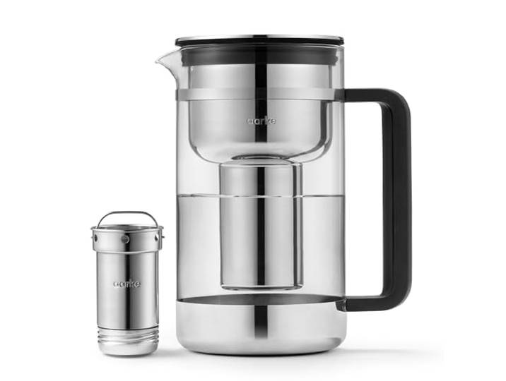 Aarke Purifier Large\, carafe filtrante en verre et acier inoxydable\, 1\,7 L / 7 tasses\, avec un sac de recharge de filtre Pure Aarke
