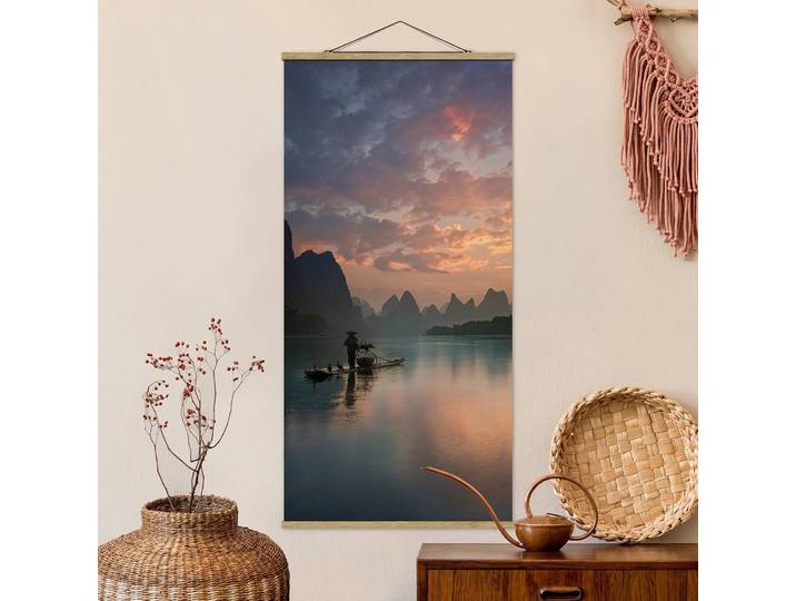 Tableau déco Lever de soleil Tissu Bleu/Rouge 35 x 70cm