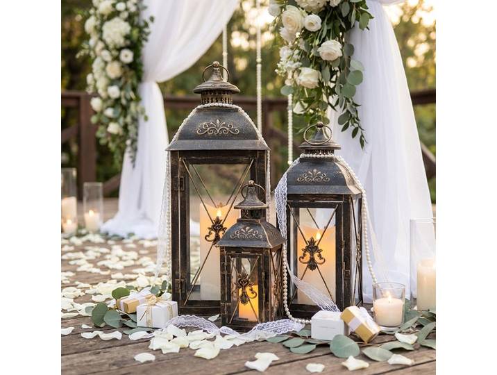Ensemble de 3 lanternes à bougies noires rétro pour mariage, grandes lanternes en fer pour l'extérieur, lanternes suspendues en verre pour bougies