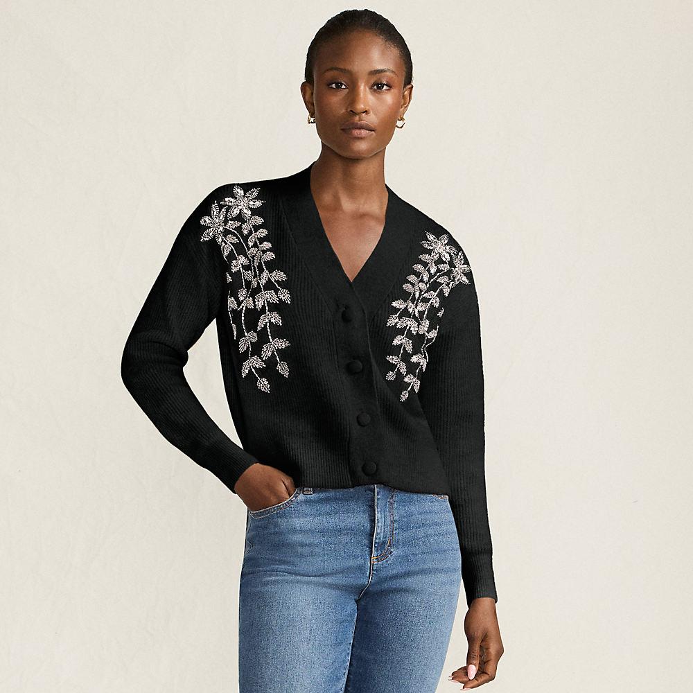 Bestickter Cardigan mit V-Ausschnitt für Damen, Damen, size: regular, Schwarz, Polyester/Polyacryl/Polyester-Mischung, by Lands' End