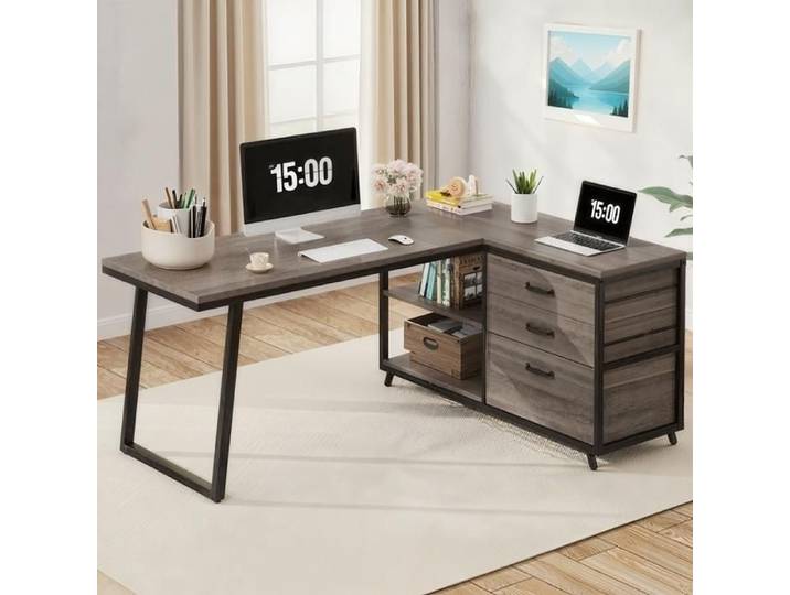 TOPESCT Bureau d'ordinateur en forme de L avec 3 tiroirs 135 cm Bureau d'angle Réversible avec étagères pour PC Gris