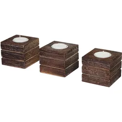 3er Set Teelichtständer Tolve, Teelichthalter, Shabby-Look Vintage 7x8x8cm ~ braun