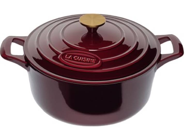 La Cuisine Gusseisen topf 28cm 6.5 L Bräter/Cocotte Schmortöpfe Auflaufform aus emaillierte Mattschwarze Innenseite vergoldeter SS-Deckelgriff, Cranberry, ofenfest Induktion