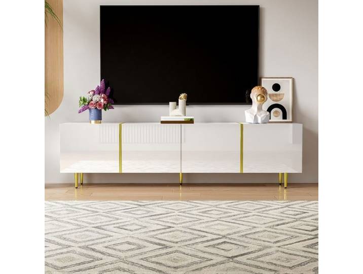 Meuble TV brillant à quatre portes - moderne et sobre-Meuble Télé de Salon avec Lignes Dorées 170x35x46cm Blanc et Or