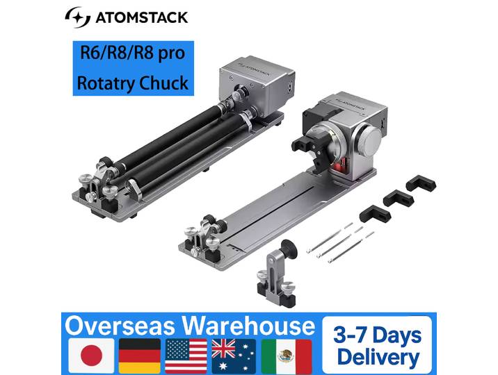 Mandrin rotatif Atomstack R6 R8 R8 Pro pour graveur laser, axe réglable à 180° ° Rotation de 1 à 80 mm de diamètre pour objets cylindriques