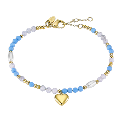 Armband LOTUS "Essentials - Herz", gelbgoldfarben, hellblau, kristallweiß, weiß, hellblau, kristallweiß, Armbänder, Damen, 19cm, Edelstahl Perlen, Edelstahl, Perlen, Armband, mit Zirkonia (synth.) - mit Perle (synth.)
