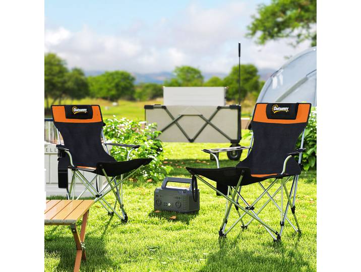 Outsunny 2 Chaises Camping Pliantes avec Repose-pieds Noir/Orange
