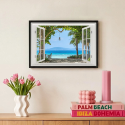 LEINWAND Bilder mit Rahmen - Aussicht - Baum - Meer - Palme - Hügel - Strand - Blau - 30x20