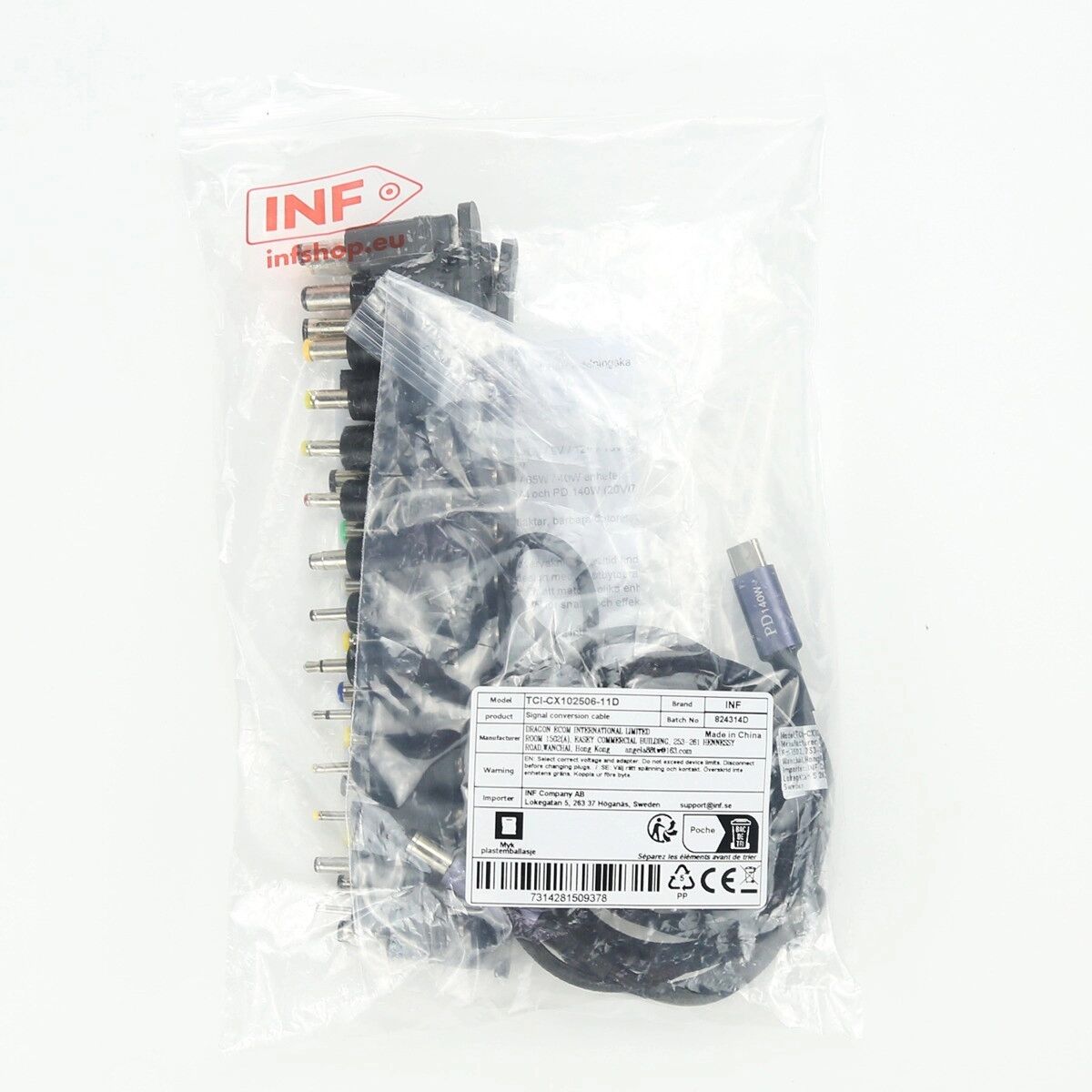 INF Multifunktionales USB-C-auf-DC-Ladekabel mit digitaler Anzeige – 6-stufige Spannungswahl PD3.1 140W mit 28 Adapterspitzen