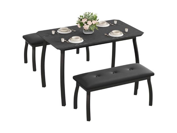 Ensemble de salle à manger gain de place - LUNSY - 110x70x76 cm - 1 table et 2 bancs - Noir - Bancs rembourrés - Cuir PU