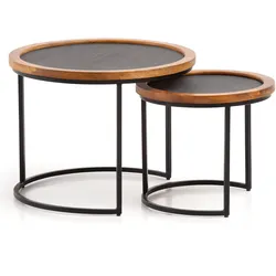 COUCHTISCH Set – 2-teilig Rund Mango Massivholz Steinoptik Metall Braun Anthrazit