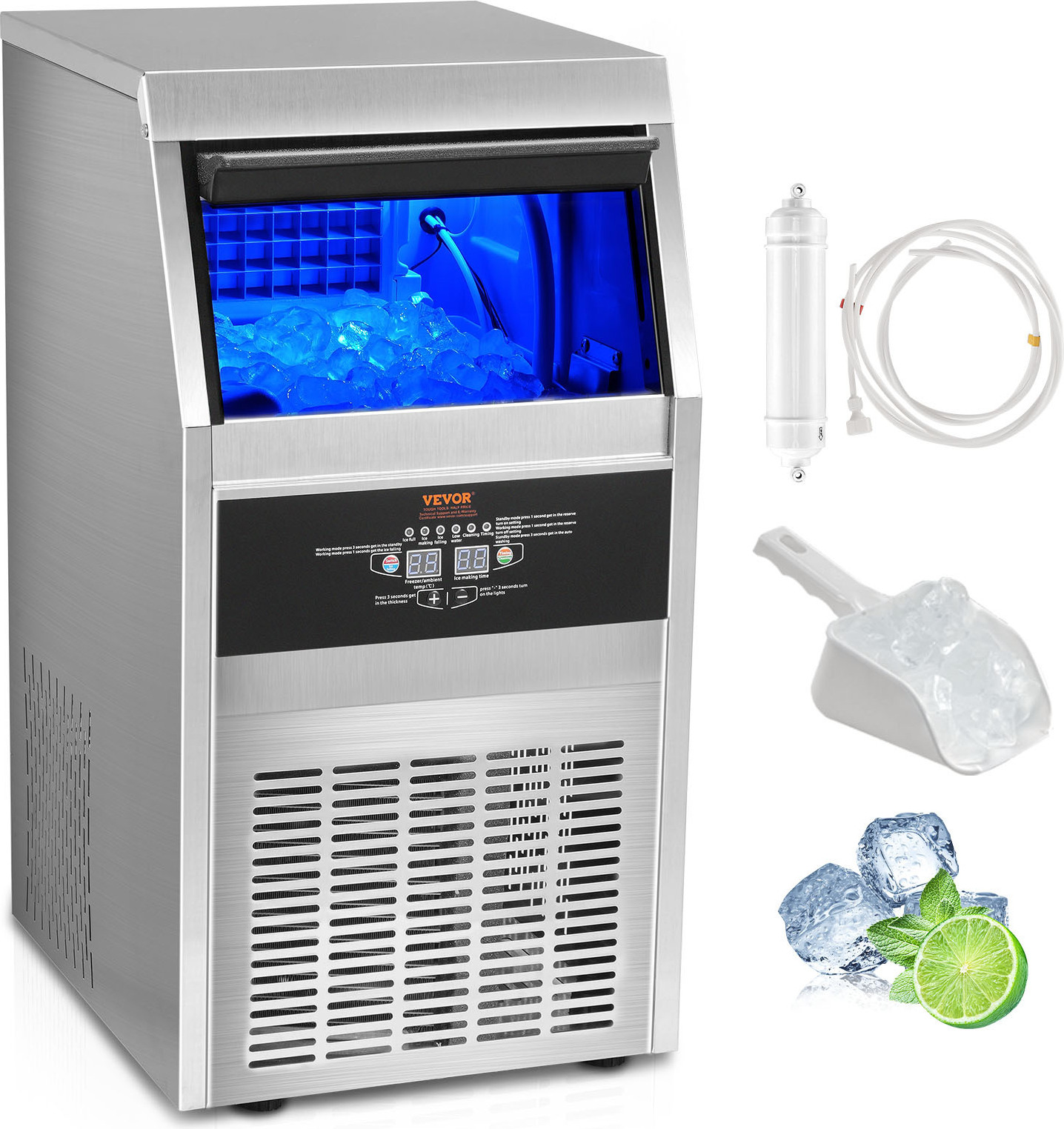 VEVOR Kommerzieller Eiswürfelbereiter Eismaschine 36 kg / 24 h, Gewerbliche Würfeleismaschine 11 kg Eisspeicherkapazität 40 Stk. Eiswürfel, Edelstahl Eiswürfelbereiter inkl. Wasserfilter & Eisschaufel
