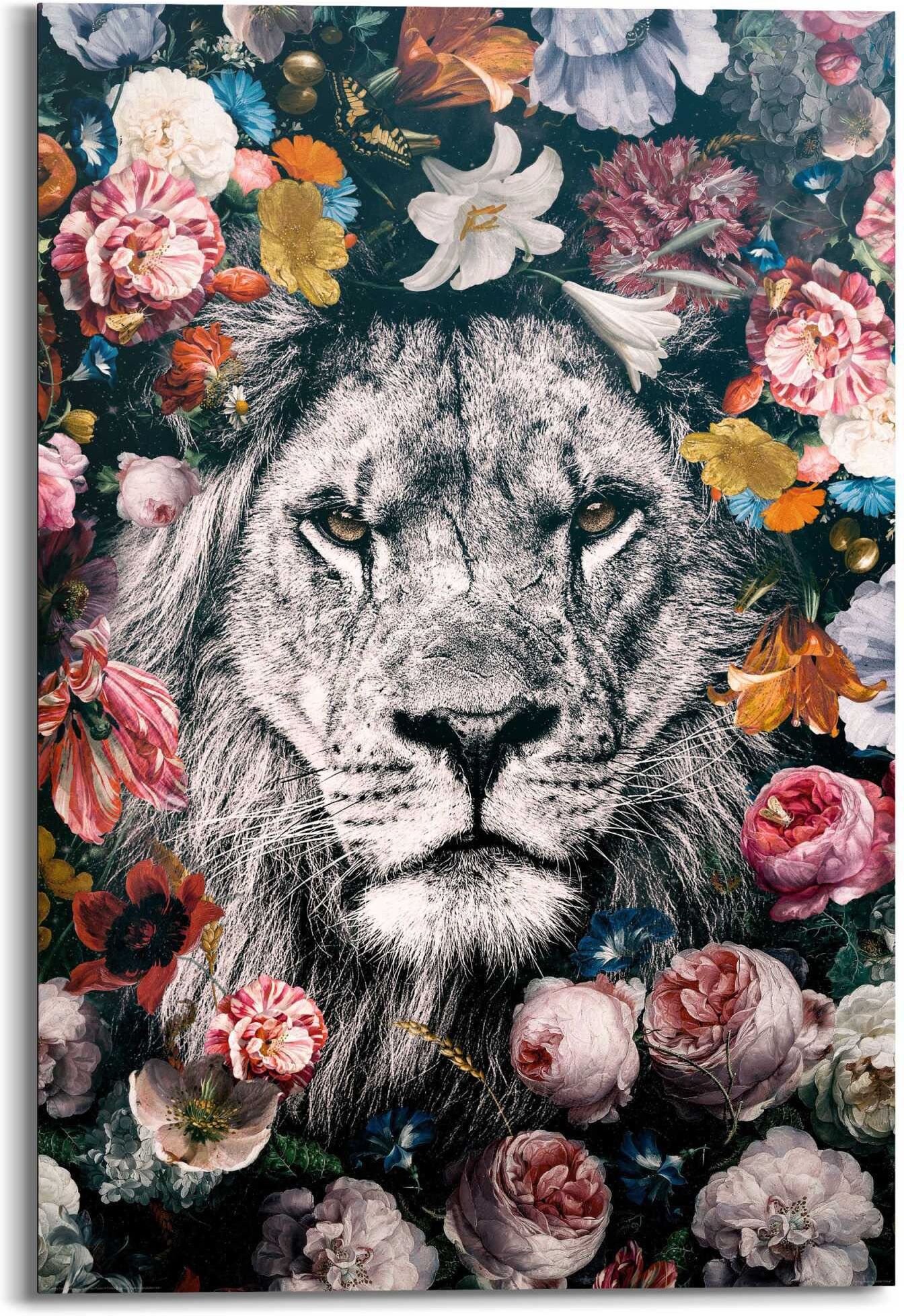 Reinders! Wandbild REINDERS "Wandbild Löwe Blumenkranz - Pflanzen - Farbenfroh", bunt (farbe bild(er): mehrfarbig), B:60cm H:90cm, MDF, Bilder, Wandbild farbe bild(er): mehrfarbig B/H/T: 60cm x 90cm, Löwen, 1 Stk.